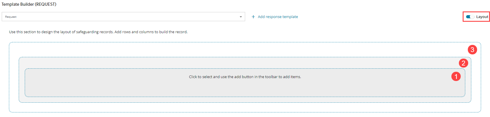 Template builder with the layout button highlighted and the layers of the template builder labeller, 1, 2, and 3